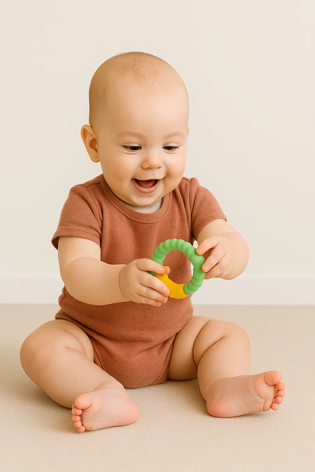 7 month old milestones: baby transferring a toy from one hand to the other